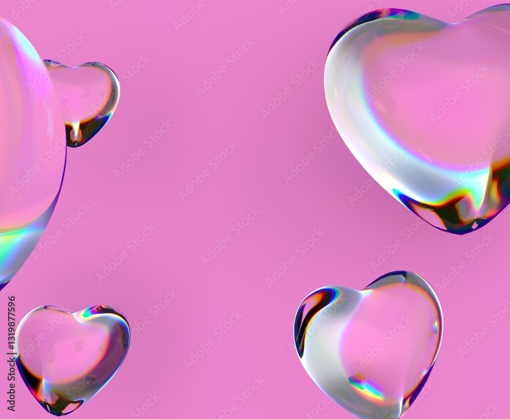 Aufkleber 3d transparent hearts with iridescent reflections float against a bright pink backdrop, creating a d