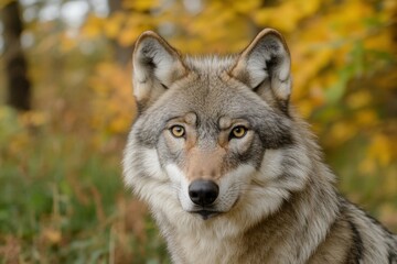 Fototapeta premium Wild Grey Wolf Face In Detailed Focus / gray wolf canis lupus. 