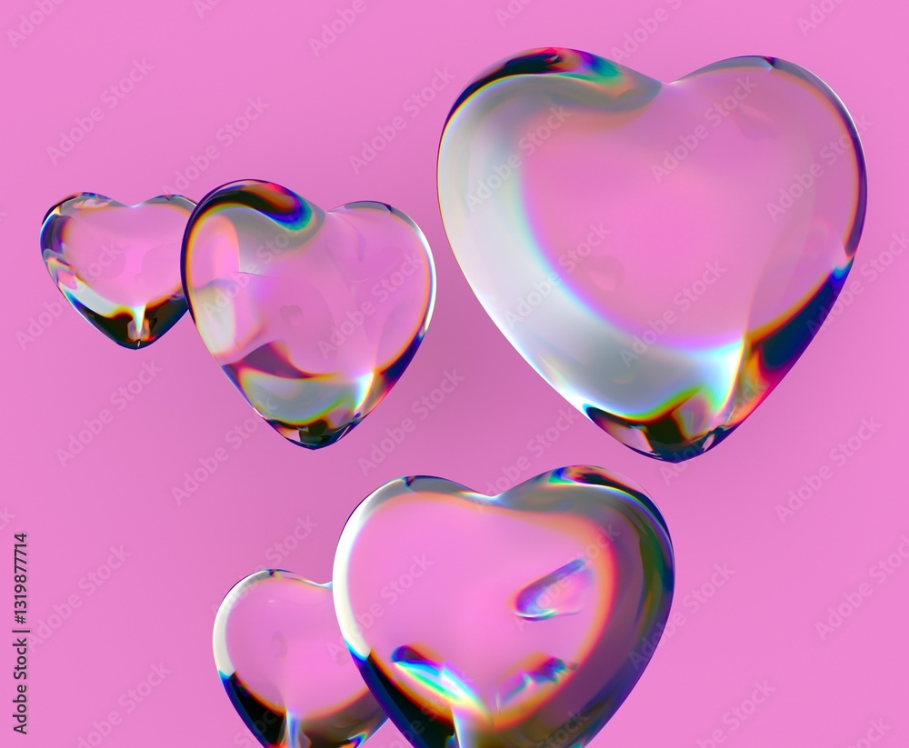Poster 3D transparent hearts with iridescent reflections float against a bright pink backdrop, creating a dreamy and whimsical visual effect.