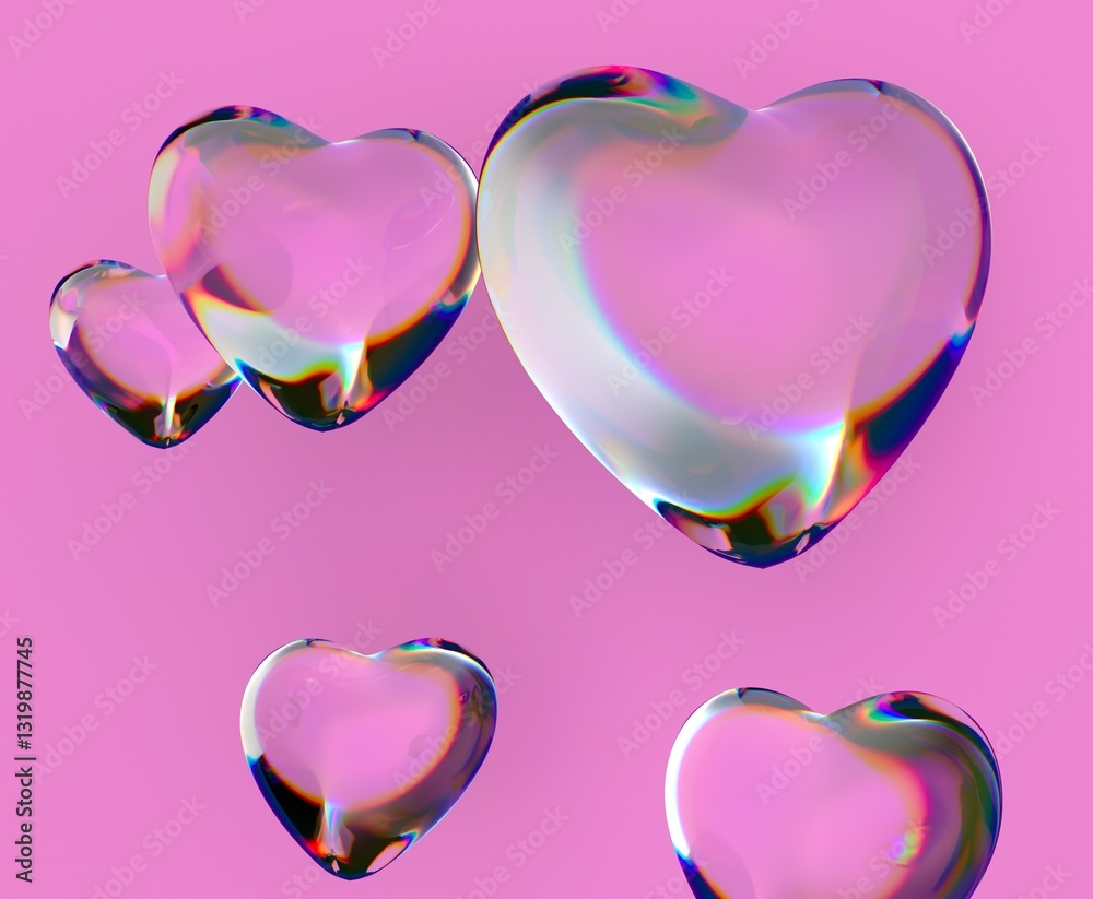 Aufkleber 3d transparent hearts with iridescent reflections float against a bright pink backdrop, creating a d