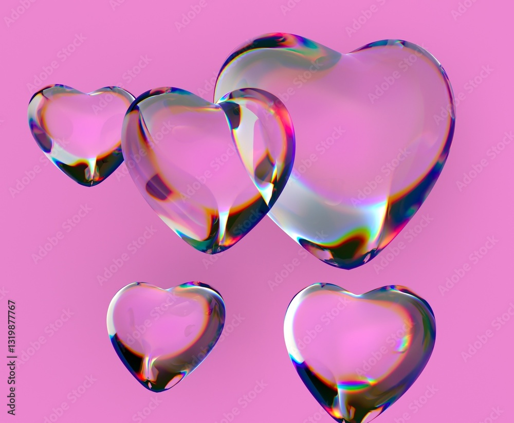 Aufkleber 3D transparent hearts with iridescent reflections float against a bright pink backdrop, creating a dreamy and whimsical visual effect.