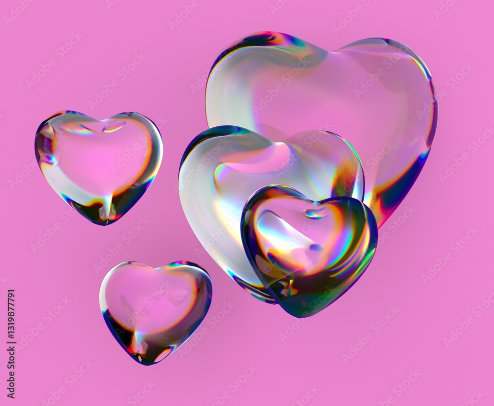 Poster 3d transparent hearts with iridescent reflections float against a bright pink background, creating a