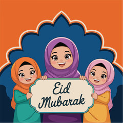 Eid mubarak vector with muslim kids. Happy Eid Mubarak. Muslim Kid Celebrating Eid Mubarak. religious holiday is celebrated by Muslims, Islamic holidays Greeting card. Eid Mubarak Urdu Calligraphy.