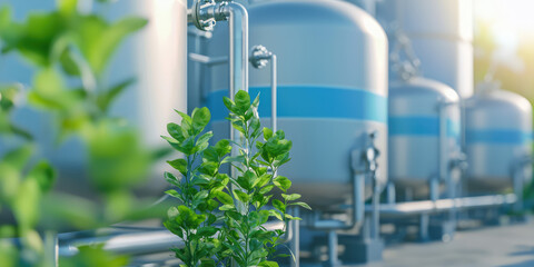 Fototapeta premium Modern hydrogen production facility, gleaming H2 tanks, pipelines and greenery plants. Green technologies in industry.