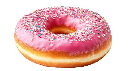 Pink donut isolated on transparent, white cutout.