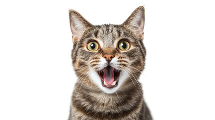 Portrait of a cat looking shocked with mouth open isolated on transparent background.