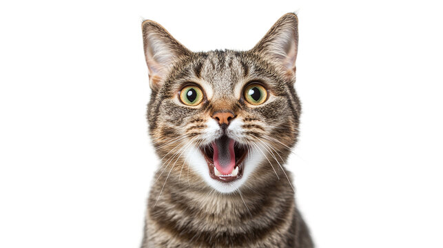 Portrait of a cat looking shocked with mouth open isolated on transparent background.