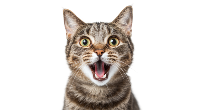 Portrait of a cat looking shocked with mouth open isolated on transparent background.