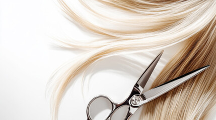 Close-up of professional scissors cutting through blonde hair strands for hairdressing techniques