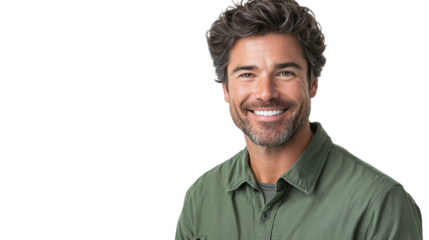 Portrait of a handsome man smiling, wearing a green shirt in a casual pose, isolated on a transparent background.