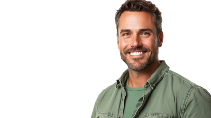 Portrait of a handsome man smiling, wearing a green shirt in a casual pose, isolated on a transparent background.