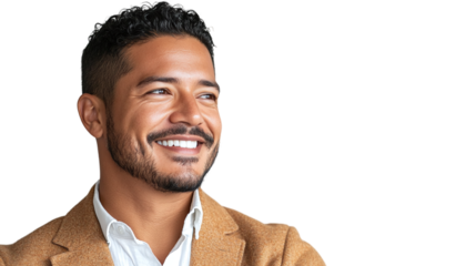 Portrait of a handsome latino man with a happy smile, looking to the right sideways, isolated on transparent background.