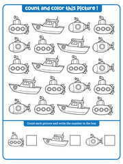 Kids worksheet: Ship and Submarine theme I spy game for kids. Searching, counting and coloring activity. Printable worksheet for preschool children
