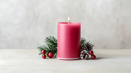 Single Lit Red Christmas Candle With Pine Sprig Berries And Pinecones On A Textured White Surface With A Soft White Background