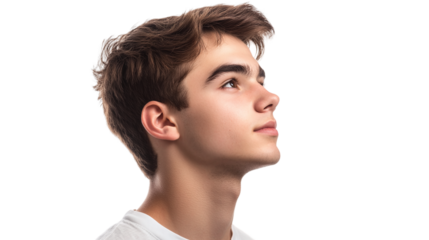 Profile shot of young handsome male student, isolated on transparent background.