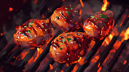 Grilled chicken pieces, glazed and sizzling on a hot grill. perfect for showcasing bbq recipes, summer meals, or food blogs. Ember Glaze. Illustration