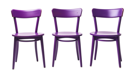 Set of purple wooden chairs isolated on transparent background.
