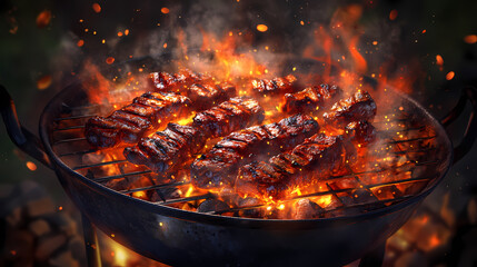 Grilled meat sizzling over hot coals with smoky ambiance. Ember Glaze. Illustration