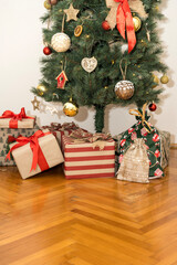 The Christmas tree in the living room, under which are left various gifts in boxes of different colors and sizes.
