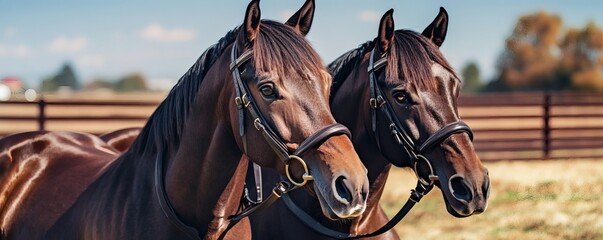 Two beautiful brown horses wear bridles and stand together outside