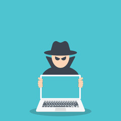 Hacker with laptop computer stealing confidential data, personal information and credit card detail. Hacking concept.	