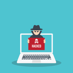 Hacker with hacked note, stealing confidential data, personal information and credit card detail. Hacking concept. 