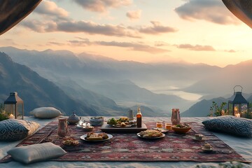 A serene outdoor dining setup with a stunning mountain view at sunset.