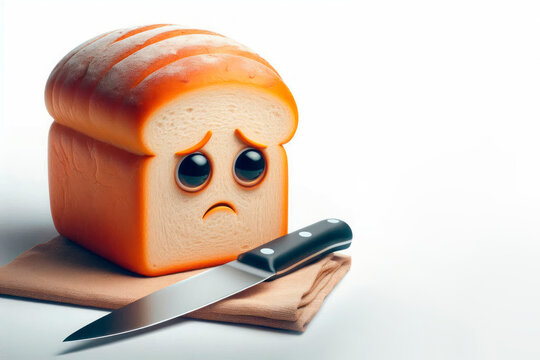 Sad bread with eyes and a knife lying next to it. Space for text.