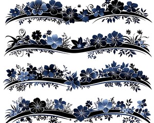 Fototapeta premium Navy Floral Borders for White Background.
