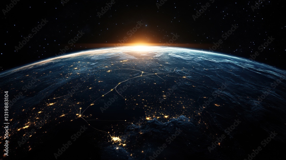 Poster night view of planet earth highlighting communication lines and global connections in a vibrant disp