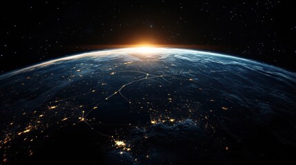 Obraz premium Night view of planet earth highlighting communication lines and global connections in a vibrant display of business and technology