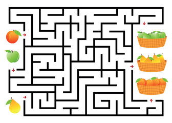 Fruit Maze Puzzle Game for Kids – Help the Fruits Find Their Baskets,Guide the peach, green apple, and pear through the maze to their matching fruit baskets. Perfect for educational materials