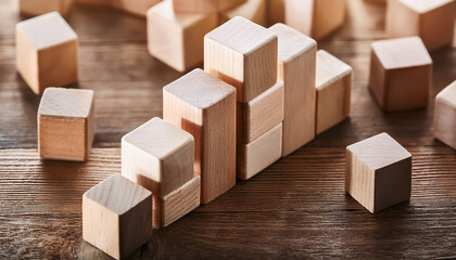 積まれたウッドキューブ、木材、角材、積み木、おもちゃ、子供、教育、知育、四角、立方体、三角、素材
