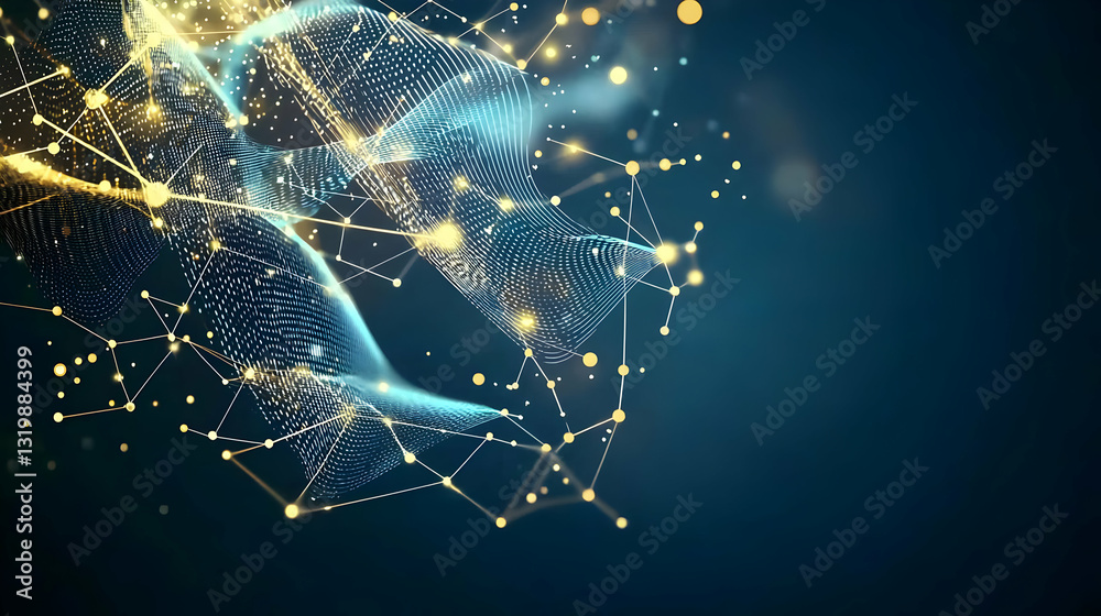 Poster abstract digital network data visualization on blue background with glowing particles