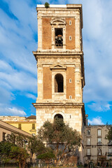 Bell tower of the Basilica of Santa Chiara in Naples. The tower of the church dates back to the 14th century. Its construction began in 1338 and was finished in 1604.