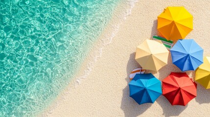 Fototapeta premium Colorful Beach Umbrellas on Sandy Shore Next to Clear Blue Water