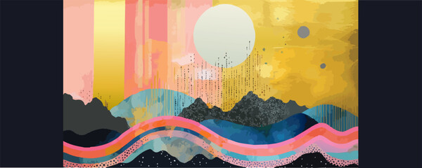 Set, vector illustrations, landscape, scene, retro, vintage, pink and orange, yellow, moon, sky, mountains, grunge, textured, patterns, geometric, modern, made of paper, risograph, messy, backgrounds