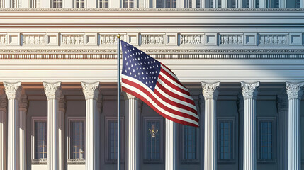 Fototapeta premium American Flag Waving In The Wind In Front Of A Government Building Featuring White Columns And Bright Sunlight