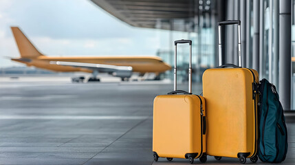Three Vibrant Yellow Suitcases And A Teal Backpack At The Airport Terminal With A Blurred Airplane In The Background Ready For Travel Adventure