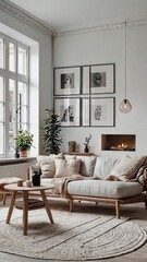 Modern Scandinavian and minimalist living room interior. White empty room. Scandinavian interior design. Home Nordic interior.