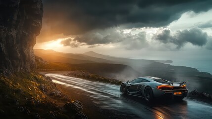 Obraz premium A sporty supercar speeds along a rugged cliffside road, with dramatic storm clouds ahead and sunlight breaking through.