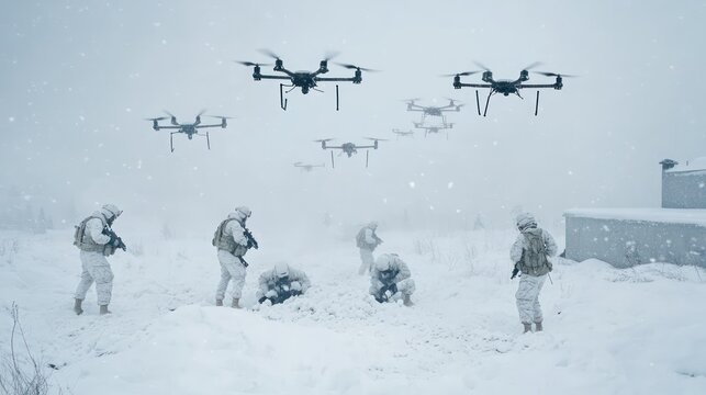 A squadron of drones hovers above a snow-covered military outpost, their silhouettes stark against the white ground as soldiers dig defensive positions