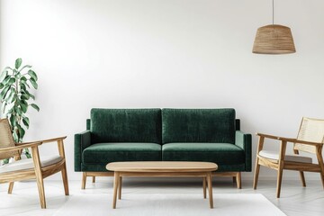 Fototapeta premium Modern Living Room with Dark Green Sofa and Wooden Furniture