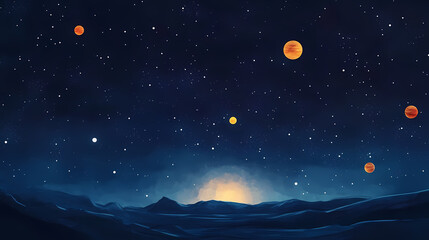 Celestial canvas a night sky painting featuring planets and stars. Solar Luster. Illustration
