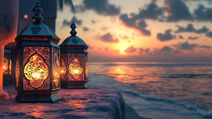 A serene sunset view with illuminated lanterns by the ocean.