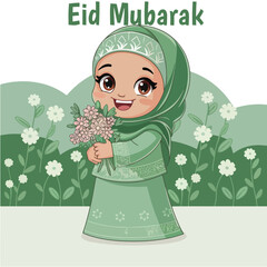 Eid mubarak vector with muslim kids. Happy Eid Mubarak. Muslim Kid Celebrating Eid Mubarak. religious holiday is celebrated by Muslims, Islamic holidays Greeting card. Eid Mubarak Urdu Calligraphy.