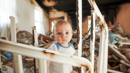 Obraz premium Baby with wide eyes sitting in a burnt crib amid debris. Scorched walls, broken furniture, and ashes cover the ruined room after a fire.