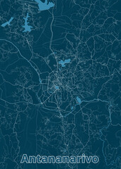 This is a detailed map of Antananarivo, the capital city of Madagascar. The map is rendered in a minimalist style with a dark blue background and light blue lines representing roads and waterways.