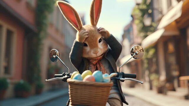 cute easter bunny delivers a basket of painted eggs on a motorcycle along the city street. takes off his helmet and takes a basket of eggs delivery concept and easter holiday