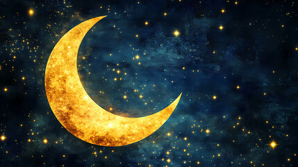 Naklejka premium Golden crescent moon in starry night. Solar Luster. Illustration